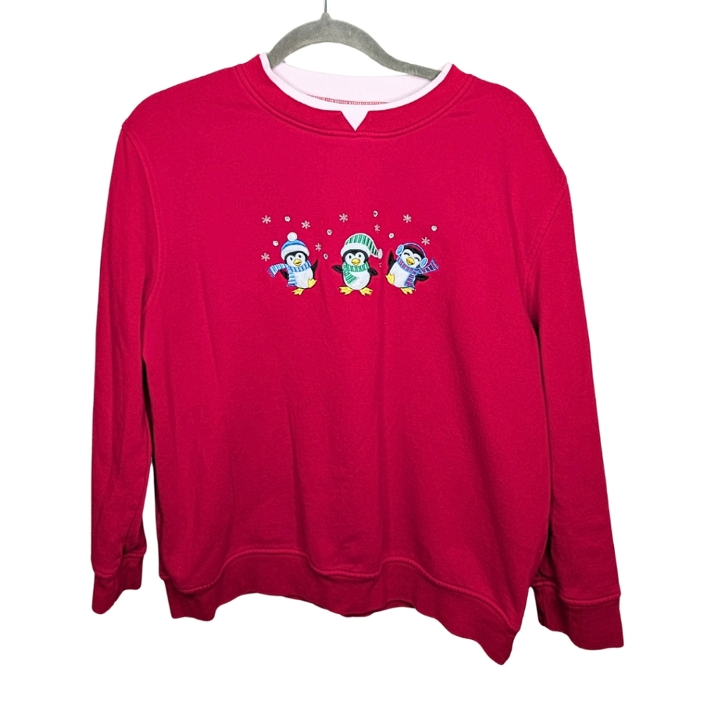 Vintage Penguin‎ Christmas Sweater Red Embroidered Holiday Pullover L